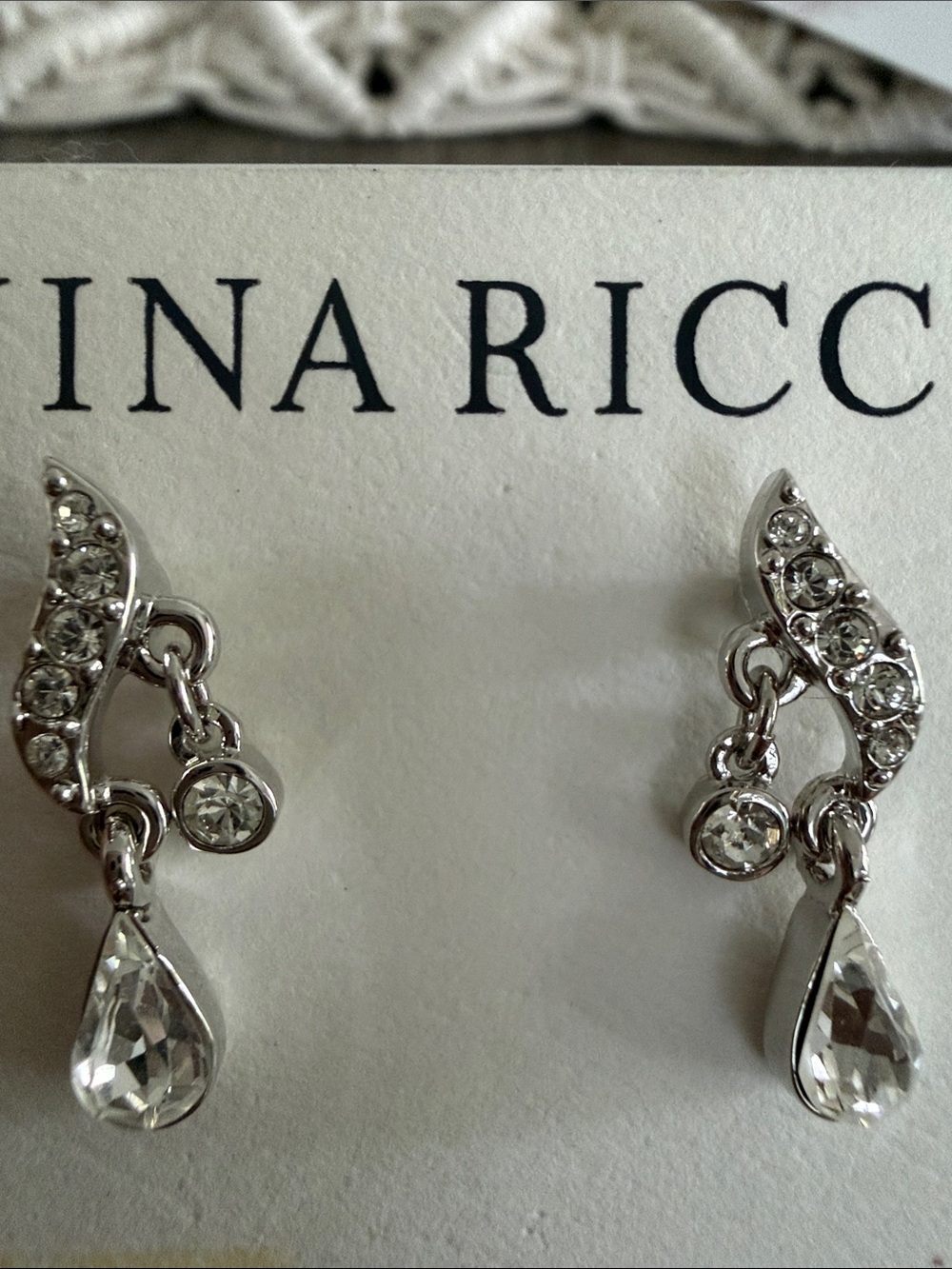 Nina Ricci Silver-tone Teardrop Crystal Dangle Earrings - Picture 2 of 2
